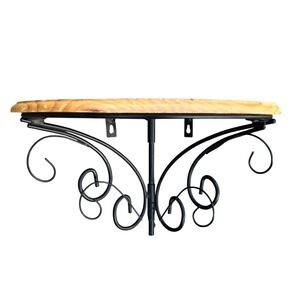Vintage Corner Wall Shelf Wood Top Black Wrought Iron Scrollwork Bracket 8.5in